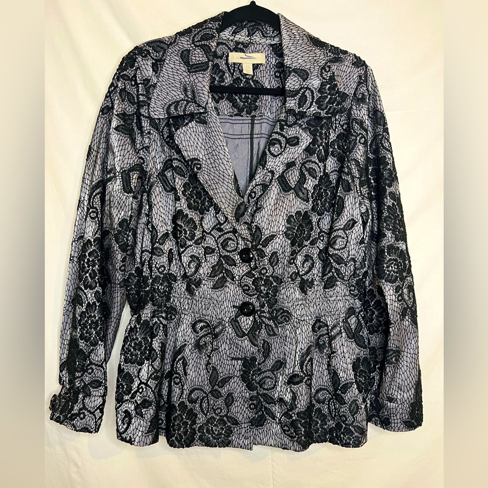 Laura Ashley Black Lace over Silver Blazer Stretch Waist Buttons 2X
